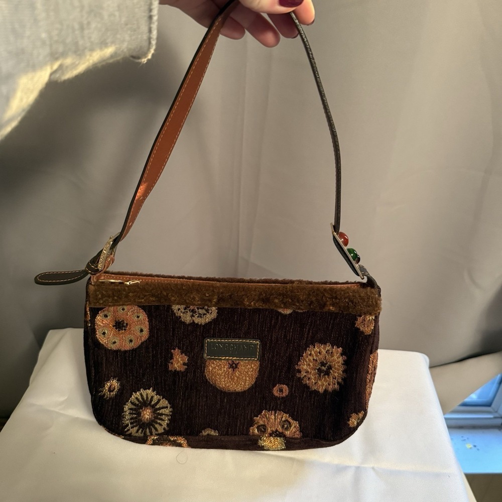 Longchamp Small Brown Velvet Shearling Floral Shoulder Bag Purse Handbag